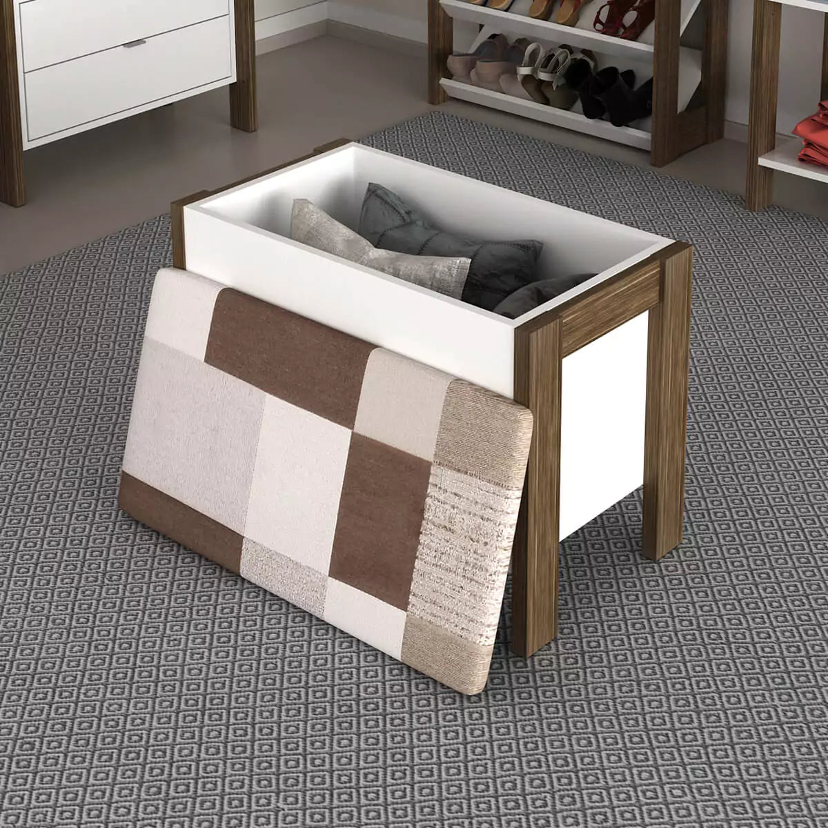 Puff Cofre 65 cm - Blanco Nogal - Tejido Geometrico