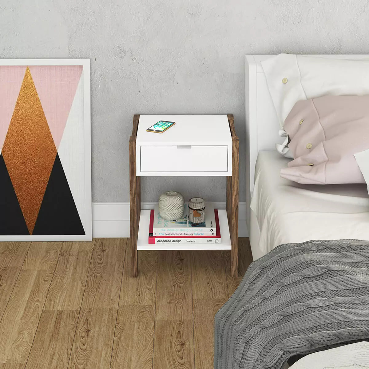 Mesa de Luz 1 Cajón 41x55x36 - Blanco Nogal