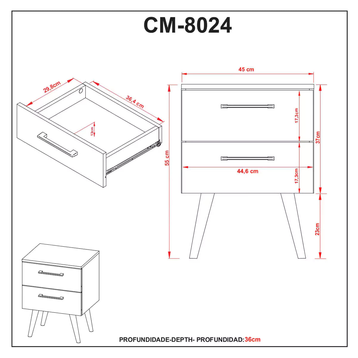 Mesa de Luz 2 Cajones 45x55x36 - Almendra Blanco