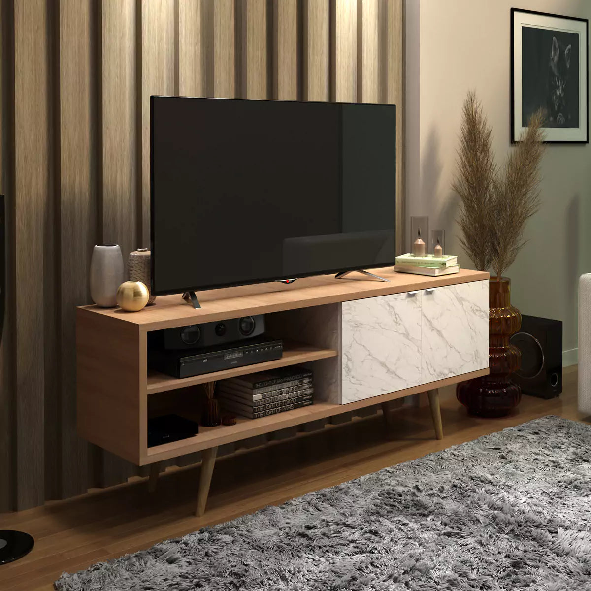 Rack para TV 60" 160x64x39 - Almedra / Marmol Blanco